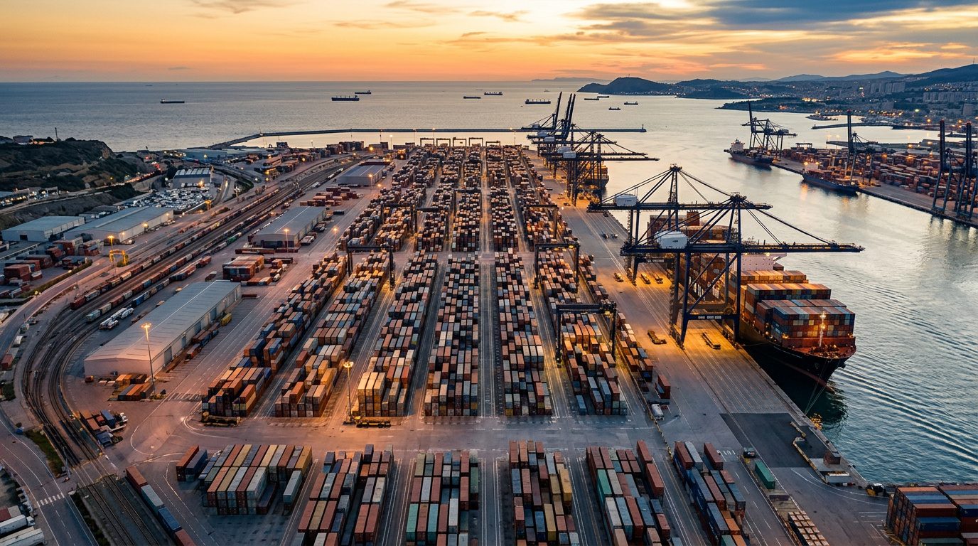 Container terminal with gantry cranes loading a cargo vessel at sunset