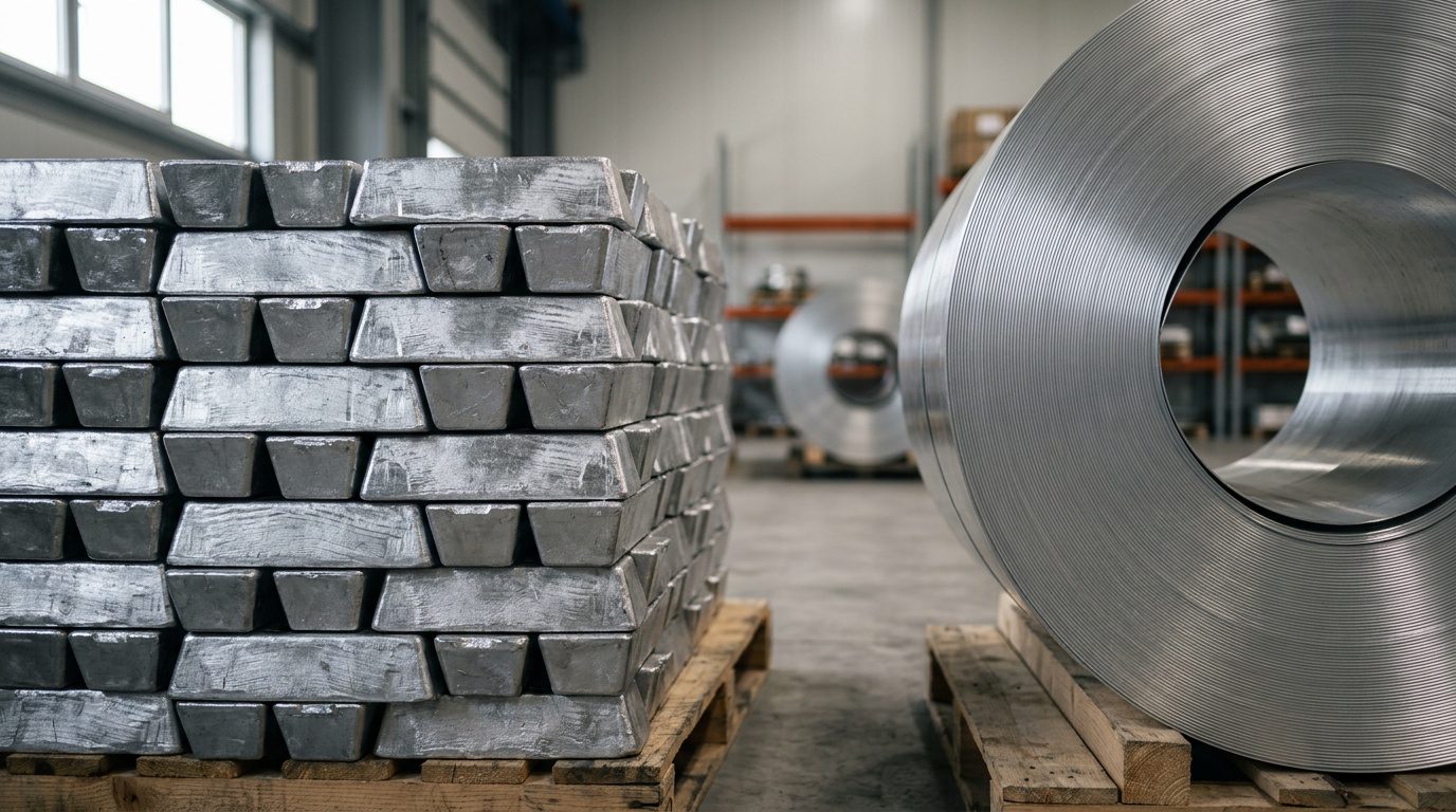 Stacked aluminium ingots and coiled aluminium sheet in a warehouse