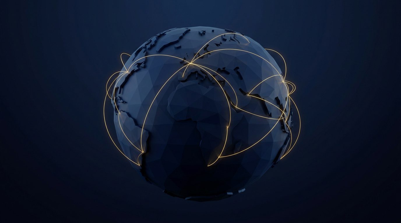 Stylised globe with illuminated arcs connecting trade routes across continents
